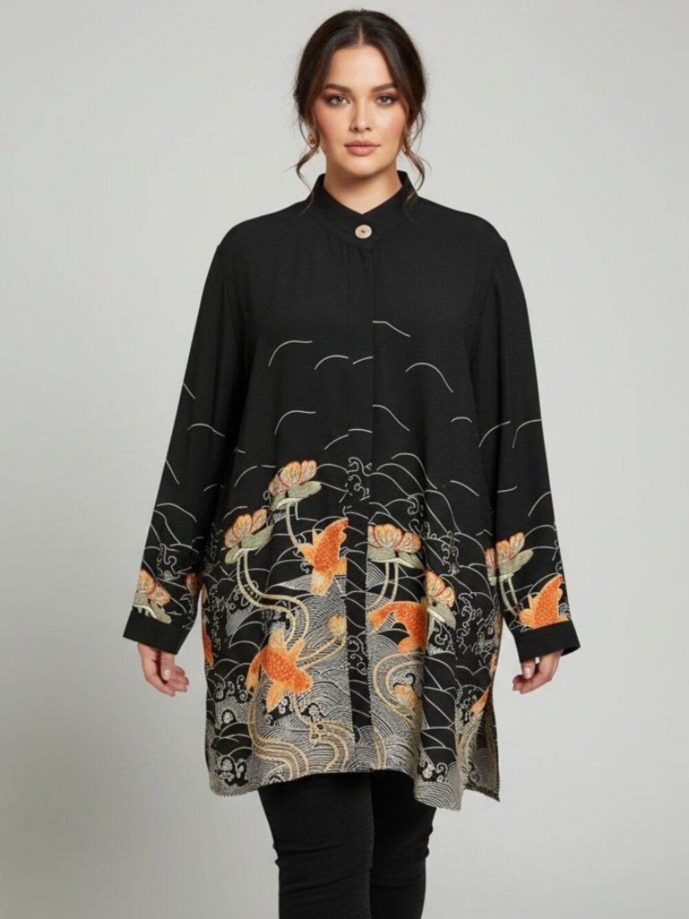 Citron Santa Monica Silk Beaded Koi Fish Jacket 1X Wearable Art Kimono Black